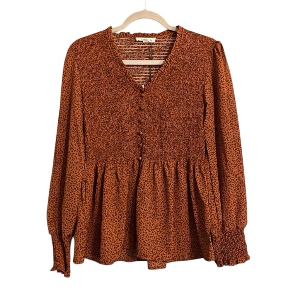 NWT Anthropologie THML Animal Print Smocked Ruffle Long Sleeve Shirt Sz S